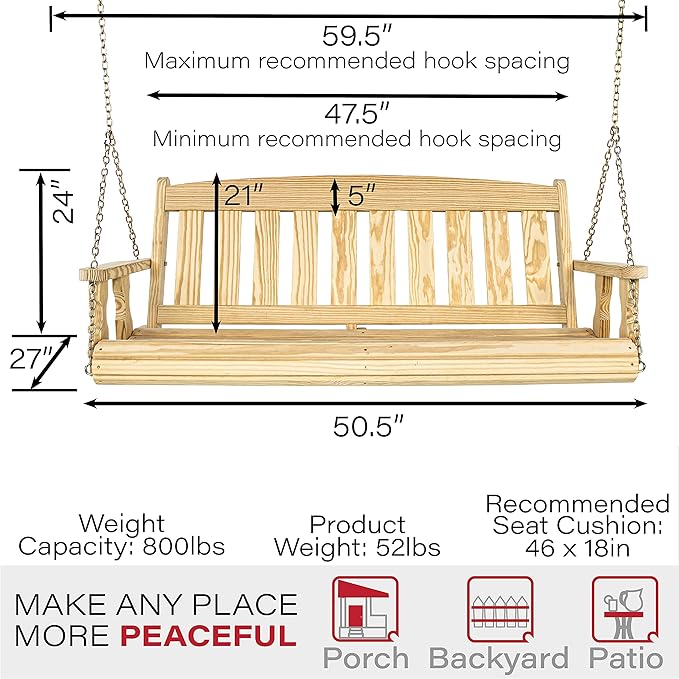 Amish Casual Heavy Duty 800 Lb Mission Treated Porch Swing with Hanging Chains (4 Foot, Unfinished)