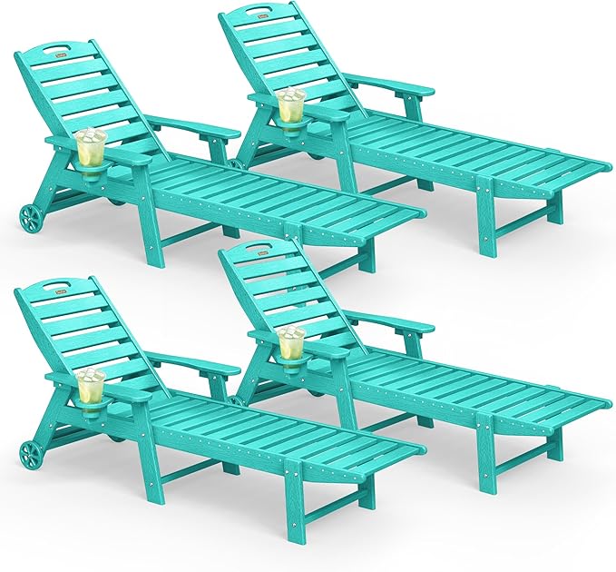Lounge Chair Outdoor Set of 4 with Wheels, Adjustable 5-Position Chaise Lounge Outdoor, Patio Lounge Chair for Poolside Backyard, Lake Blue