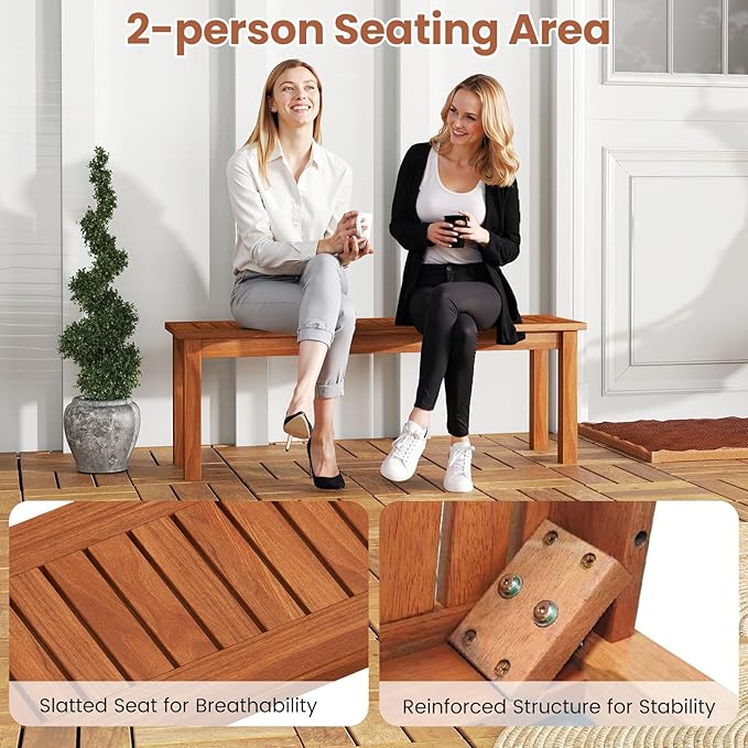 Tangkula Outdoor Wood Bench, 2-Person Backless Patio Garden Bench with Slatted Seat, Front Porch Dining Seating Furniture for Deck, Yard and Park (2)