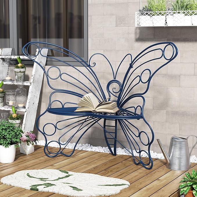 50 Inches Outdoor Bench, Garden Bench with Sturdy Iron Metal Frame, Pretty Butterfly Bench Front Porch Bench for Porch,Lawn,Garden,Yard