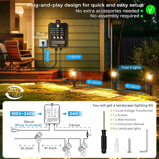 Plug and Play Low Voltage Landscape Lighting Kit, 6-Pack Wired Landscape Lights with Smart Transformer, Warm White Waterproof Outdoor LED SpotLights for Yard, Garden, Pathway, Tree
