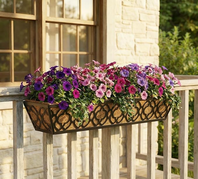 Y&M 2pcs 30" Window Boxes Horse Trough with Coconut Coir Liner,30 Inch Window Deck with Coco Liner, Black Metal Hanging Flower Planter Window Basket Deck Railing Planter Boxes for Outdoor Indoor