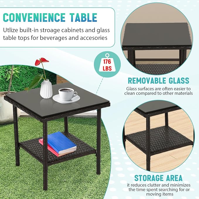 FDW 3 Piece Outdoor Furniture Set Patio Brown Wicker Chairs Furniture Bistro Conversation Set 2 Rattan Chairs with Blue Cushions and Glass Coffee Table for Porch Lawn Garden Balcony Backyard