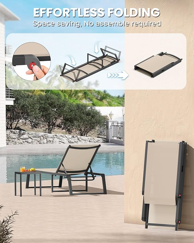 Aluminum Chaise Lounge Chair Outdoor, Foldable & No Assembly Patio Pool Lounge Chairs 5-Position Recliner for Outside Poolside, Fully Grounded Legs Sun Lounger for Beach, Yard, Khaki