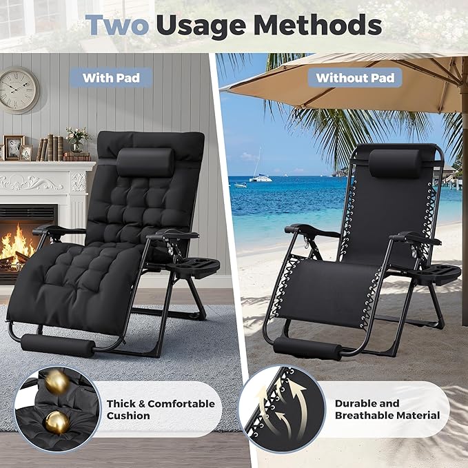 Homall Oversized Zero Gravity Chair, 32In Recliner Lounge Chair with Removable Soft Cushion and Cup Holder, Adjustable Anti Gravity Chair Folding Patio Chairs Padded for Indoor and Outdoor (Black)