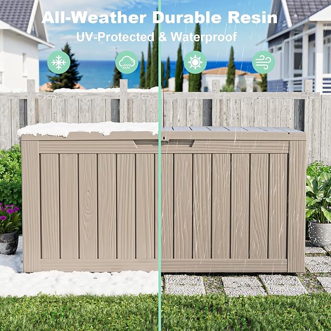 90 Gallon Outdoor Storage Box - Deck Box Container for Patio, Pool, and Garden-Waterproof and UV Resistant Resin,Lockable (Grey)