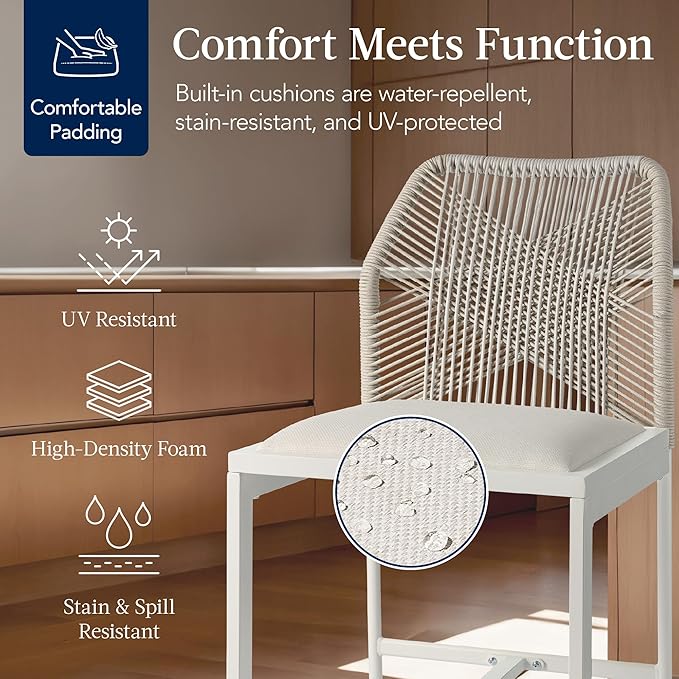 Best Choice Products Indoor Outdoor Counter Height Bar Stools Set of 2, Armless Kitchen Counter Stools w/Back and Footrest, Built-in Cushion, Aluminum Frame - White/Alpine