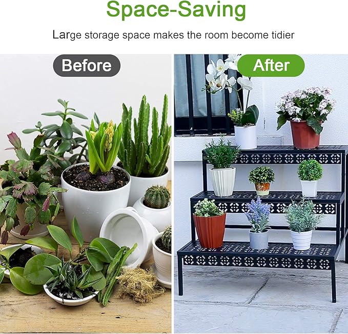 3 Tiers Metal Plant Stand,Rectangular Ladder Flower Pots Outdoor, Indoor Plant Display Rack, Heavy Duty Utility Storage Organizer for Home Garden Patio Balcony, Stair Style