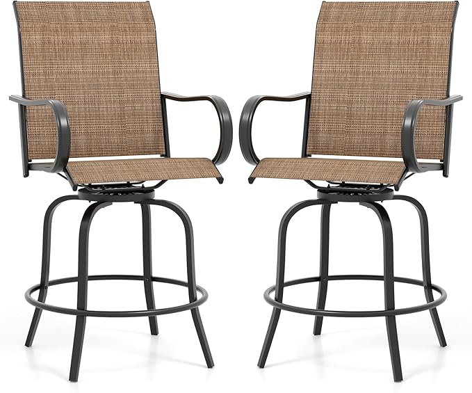 Giantex Set of 2 Swivel Outdoor Bar Stools, All-Weather Bar Height Patio Chairs, 330LBS Capacity, 360 Rotating Outside Bar Chairs with High Back Armrests, for Porch Yard Lawn Garden Pool (Brown)