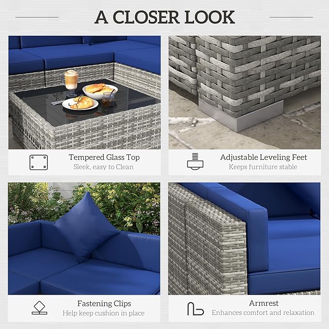 Outsunny 7 Piece Patio Furniture Set, Wicker Outdoor Sectional Sofa Set, All Weather PE Rattan Outdoor Furniture Conversation Sets with Cushions, Glass Top Coffee Table, Pillows, Blue