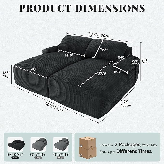 YITAHOME 80" Oversized Double Chaise Lounge, Upholstered Cloud Sofa with Deep Seat & 2 Pillows, Corduroy Loveseat Sleeper Couch with Thick-Density Foam for Living Room, Home Office, No Assembly, Black