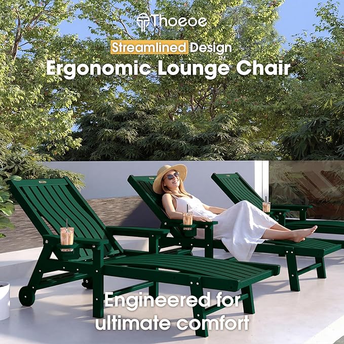 Patio Chaise Lounge Chair Set of 4, Oversized Lounge Chair Outdoor with 5 Positions, HDPE, Patio Lounge Chair with Wheels & Cup Holder for Pool, Deck, Poolside,Green