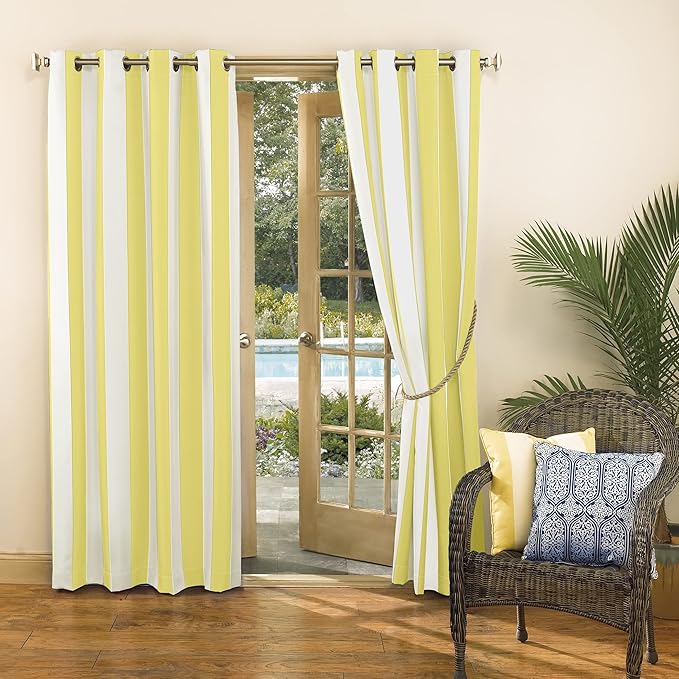 Sun Zero Valencia 2-Pack Cabana Stripe Indoor/Outdoor UV Protectant Energy Efficient Grommet Curtain Panel Pair, Yellow, 54" x 84"