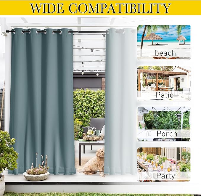 NICETOWN Outdoor Curtains for Patio Waterproof 108 inches Long 2 Panels, Windproof Thermal Insulated Top & Bottom Grommet/Back Tab Privacy Drapes with Rope for Fixed, Greyish Blue, W52 x L108