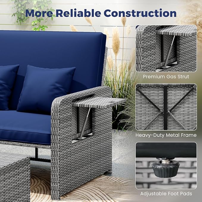 HAPPYGRILL Patio Rattan Wicker Daybed with Loveseat & Storage Ottoman, Outdoor Lounge Sofa Furniture Set with Adjustable Backrest & Side Trays, for Poolside Deck Porch Lawn (Mix Grey & Navy)