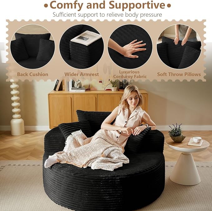 Oversized Round Chair Lounge Chaise Indoor, Upholstered Corduroy Deep Seat Cloud Large Circle Sofa Chair, No Assembly Required, Fluffy Modern Sleeper Sofa Bed for Reading, Dark Black