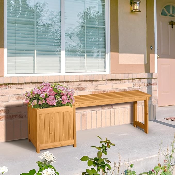VINGLI Outdoor Wood Bench with Planter Boxes, 2-in-1 All-Weather Porch Bench Seat ＆ Open-Ended Wooden Raised Garden Bed, for Balcony Yard Patio (1 Box)