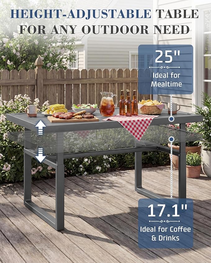 AECOJOY Aluminum Patio Furniture Set, 8 Seats Modern Outdoor Furniture with Adjustable Table, 7 Pieces Metal Conversation Sectional Sofa, Light Gray