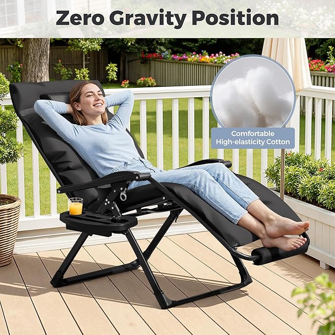 Homall Oversized Zero Gravity Chair, 32In Recliner Lounge Chair with Removable Soft Cushion and Cup Holder, Adjustable Anti Gravity Chair Folding Patio Chairs Padded for Indoor and Outdoor (Black)