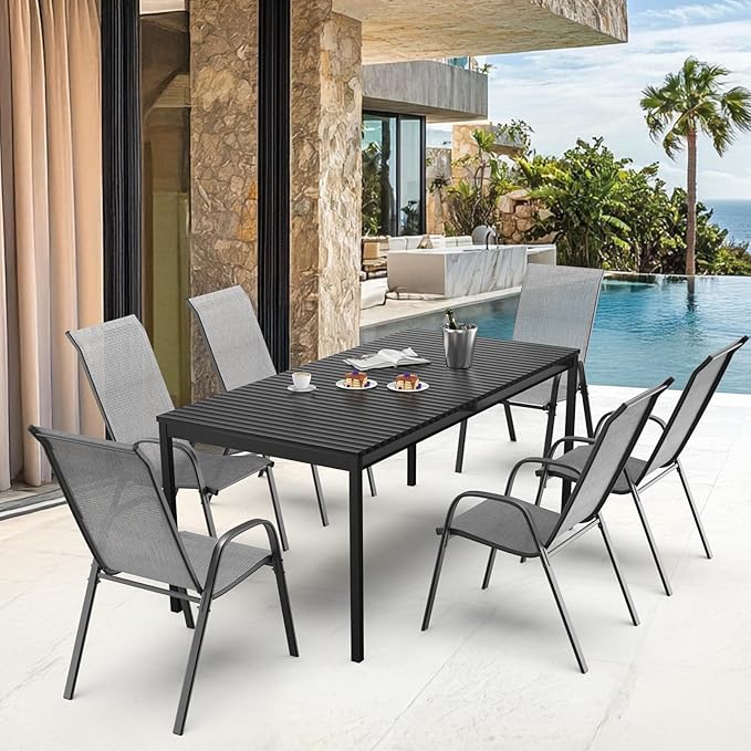 VINGLI Patio Chairs Set of 6 – Stackable Outdoor Dining Chairs with Comfortable Sling High Back Chairs and Armrests for Lawn, Poolside, Courtyard, Balcony, Garden, Silver Gray