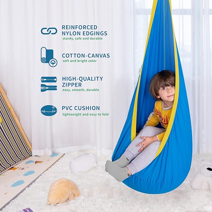 OUTREE Kids Pod Swing Seat, Cotton Child Hammock Swing Chair, Sensory Swing for Indoor and Outdoor Use,Blue and Yellow