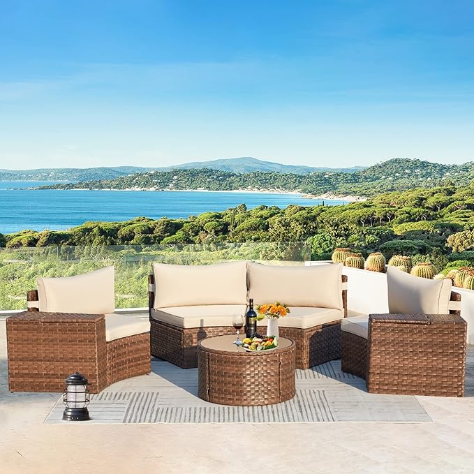 ECOTOUGE 7 Piece Patio Furniture Sets, Half-Moon Circle Conversation Set, Curved Wicker Outdoor Sectional with 2 Storage Armrests and Glass Coffee Table, Garden Balcony and Backyard (Beige)