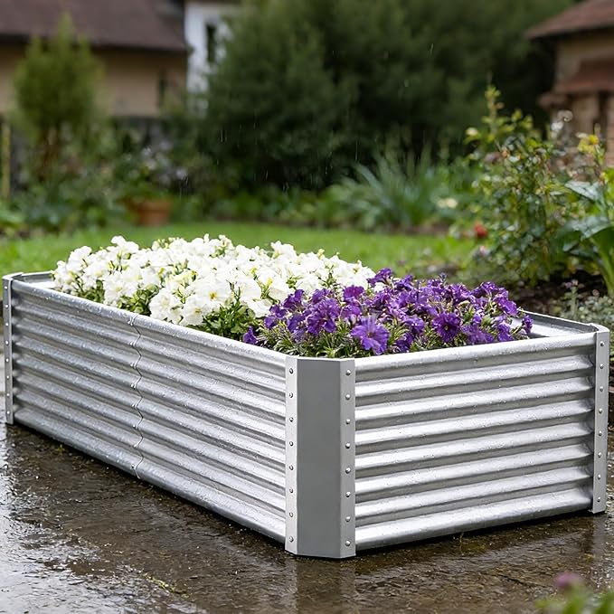 Galvanized Raised Garden Bed Kit Outdoor Patio,8x4x2ft Large Rectangular Metal Planter Boxes,Deep Root Box Planter for Gardening, Vegetables, Flowers, Herbs, 1 Pack, Silver
