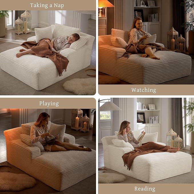 66" Chaise Lounge Chair Indoor, Oversized Boneless Couch Comfy Upholstered Sleeper Sofa Bed with 3 Pillows, Corduroy Cloud Reading Chair for Living Room No Assembly Required, White