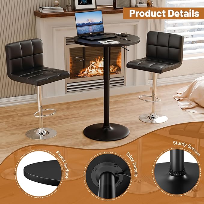 Flamaker Round Bistro Pub Table 23.6 Inch Height Adjustable 360° Swivel Bar Table Metal Base for Pub, Dining Room, Party (1, Full Black)