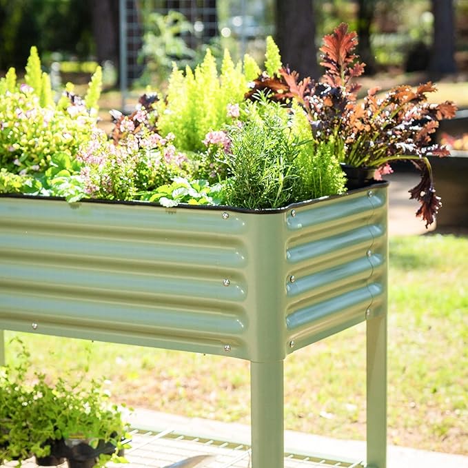 Rolling Elevated Raised Garden Bed-V Series, 2' x 4' Garden Beds with Legs & Storage Rack for Patio & Porch, 700 Lbs Weight Capacity, Outdoor Planter Box for Vegetables Flower Herbs, Olive Green