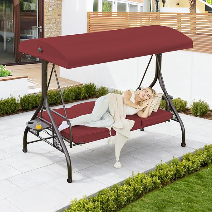 Upgrade 180° Convertible Outdoor Swing for Adults, Outdoor Porch Swing with Stand 800lb Bearing Capacity, 3-Seat Outdoor Swing with Canopy Adjustable, Thickened Cushions (Round, Wine Red)