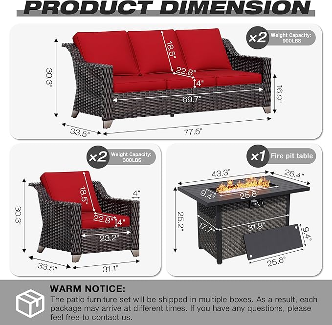 Joyside Wicker Patio Furniture Sets, 5 Pieces Upgraded Large Size Outdoor Furniture with Patio Dining Chair,Two 3-Seat Sofa, Fire Table,Thick Cushions, Wide Armrest, Red