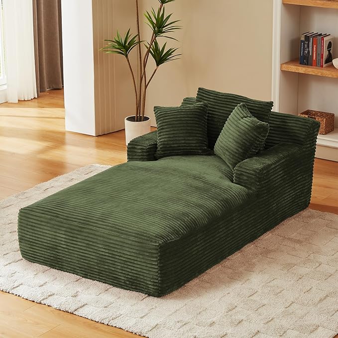 78.7" Chaise Lounge Chair Indoor, Oversized Boneless Couch Comfy Upholstered Sleeper Sofa Bed with 3 Pillows, Corduroy Cloud Reading Chair for Living Room No Assembly Required, Green