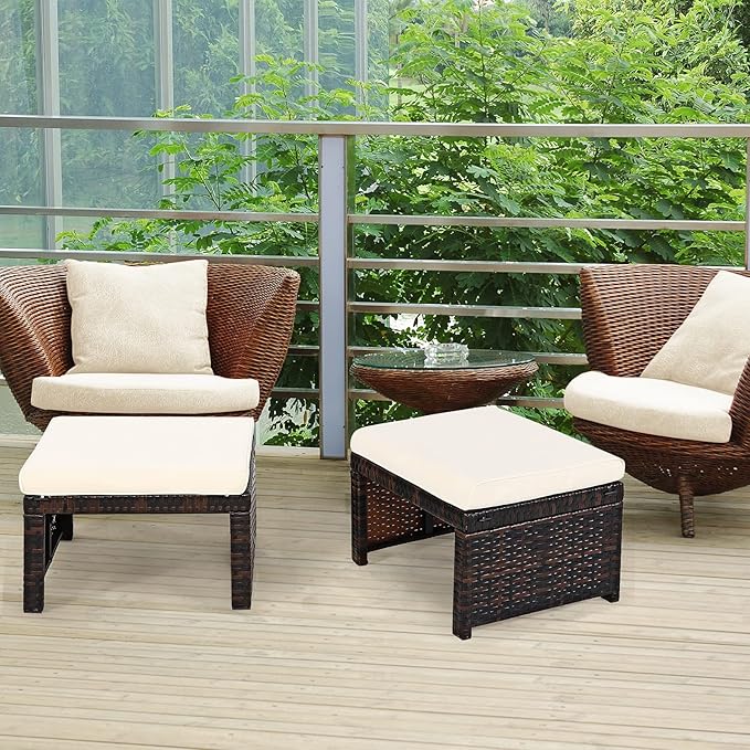 Tangkula 2 Pieces Patio Rattan Ottomans, All Weather Outdoor Footstool Footrest Seat with Soft Cushion, Hidden Zipper, High-Density Sponge, Wicker Ottoman Seat for Patio, Garden, Poolside (White)