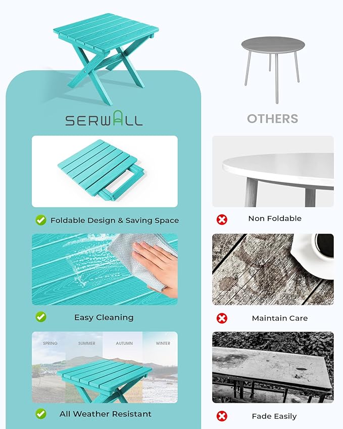 SERWALL Folding Outdoor Side Table Set of 6, Adirondack End Table, Aruba