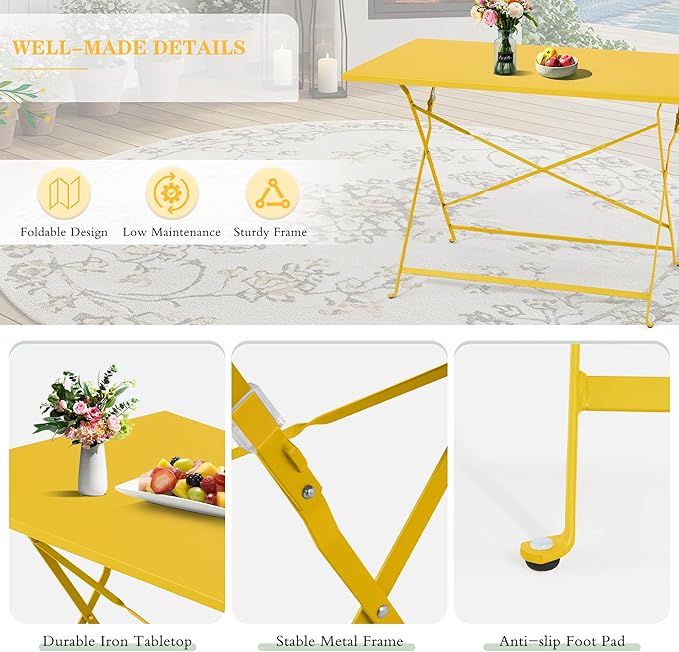 MELLCOM 5-Piece Foldable Patio Dining Set with Rectangular Table and Chairs, Weather-Resistant Iron Outdoor Dining Set for 4 People, Outdoor Table and Chairs for Patio, Yard, Indoor, Yellow