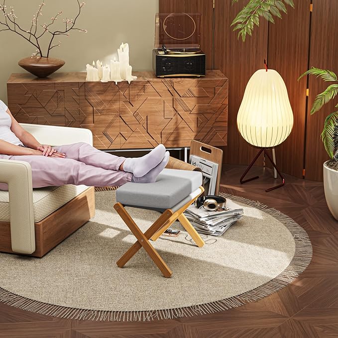 Foldable Foot Stool Ottoman, Modern Foot Rest with Bamboo X Legs & Thick Foam Cushion, Folding Foot Stools Small Padded for Bedroom Living Room, Footstool for Chair Couch (Natural - Grey)