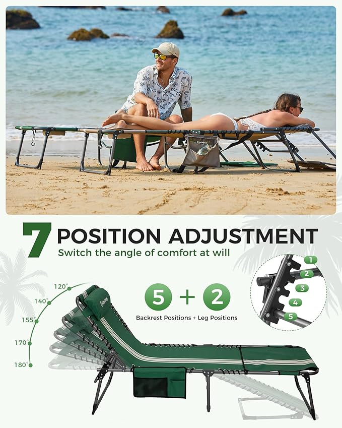 KingCamp 2 Pack Lounge Chair Outdoor with Canopy & Face Hole, Adjustable 5-Position Folding Chaise Tanning Recliner Portable Comfy Chaiser for Camping Outside Patio Pool Beach, Green/White