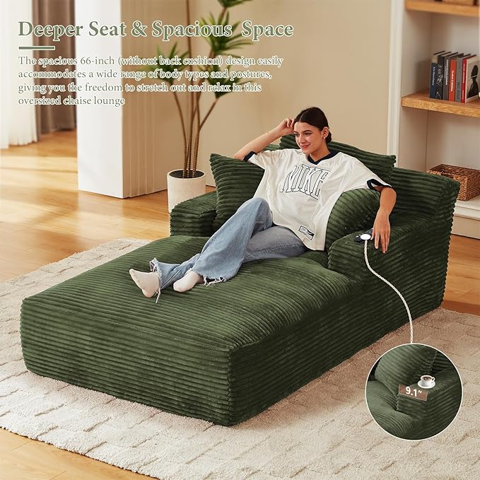 78.7" Chaise Lounge Chair Indoor, Oversized Boneless Couch Comfy Upholstered Sleeper Sofa Bed with 3 Pillows, Corduroy Cloud Reading Chair for Living Room No Assembly Required, Green