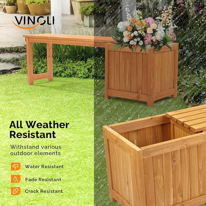 VINGLI Outdoor Wood Bench with Planter Boxes, 2-in-1 All-Weather Porch Bench Seat ＆ Open-Ended Wooden Raised Garden Bed, for Balcony Yard Patio (1 Box)