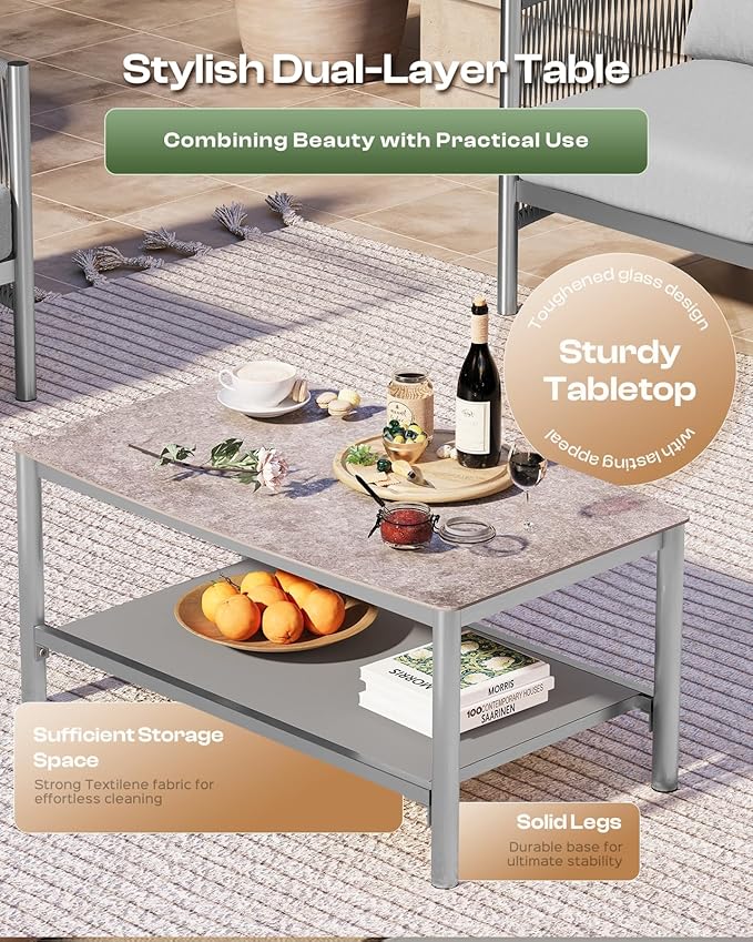 Aluminum Outdoor Patio Furniture Set with Dual-Layer Coffee Table, 4 Piece Modern Patio Conversation Sets with PE Rope, Outdoor Sectional Sofa with Thick Cushions for Balcony, Yard, Silver