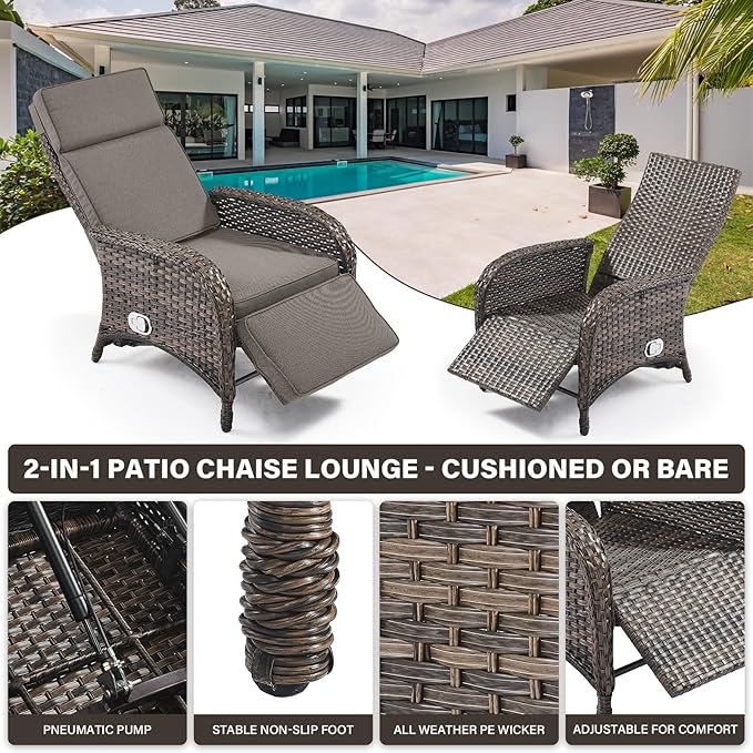 Belord 7 Piece Wicker Patio Furniture Set - 4 Adjustable Outdoor Recliner Chairs with 3 Side Table Patio Conversation Set,155° Lay Flat Chaise Lounge Chair Outdoor for Pool Deck Brown