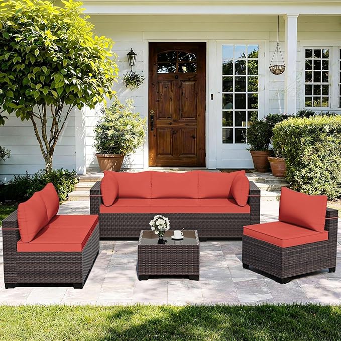 ALAULM Patio Furniture Set with Coffee Table, 7 Pieces Outdoor Sectional with Wide Seat and Thick Cushion, All Weather Wicker Rattan Conversation Set for Backyard, Garden, Deck, Red