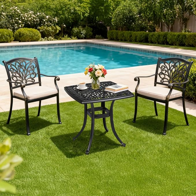 VINGLI 21” Outdoor Side Table, Cast Aluminum All-Weather Patio Side Table Small Outdoor Table Bistro Table for Outside, Porch, Balcony, Patio (Black)