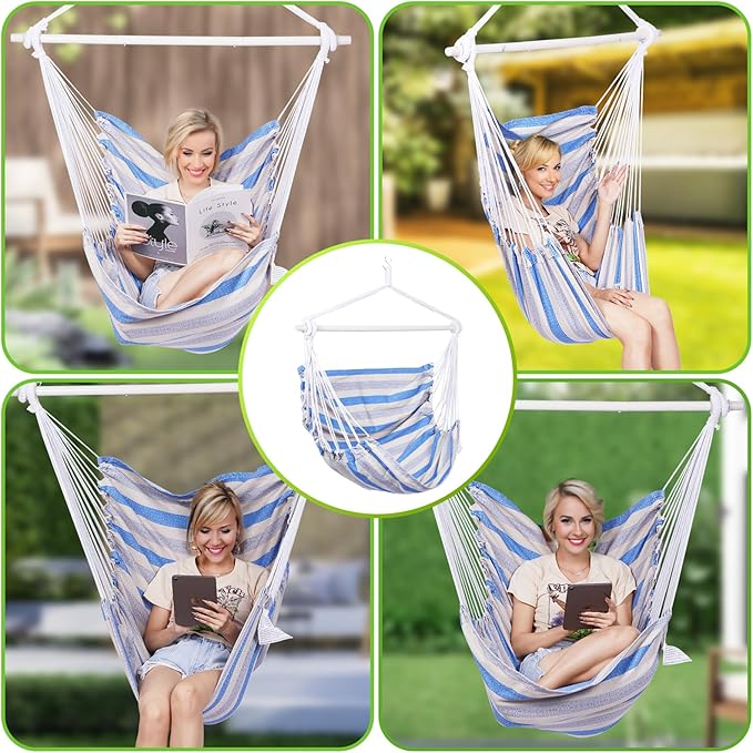Backyard Expressions Striped Hammock Chair Hanging Rope Swing Chair, Anti Slip Steel Spreader Bar