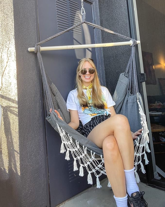 MIZTLI Hammock Chair Hanging Chair Swing Chair XXL Large Macrame Swing Indoor Hammock for Bedroom - Max 500 Lbs - 2 Cushions & All Hanging Kit Included