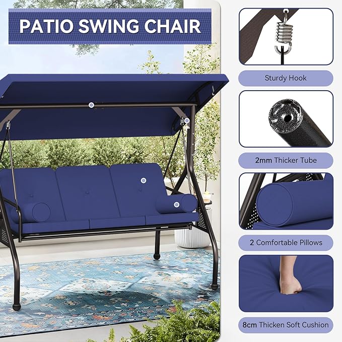 Oakcloud 3-Seat Outdoor Porch Swing with Adjustable Canopy, Large Converting Swing Chair, Patio Swing Glider with Pillows & Thick Cushions for Poolside Balcony Backyard (Blue)