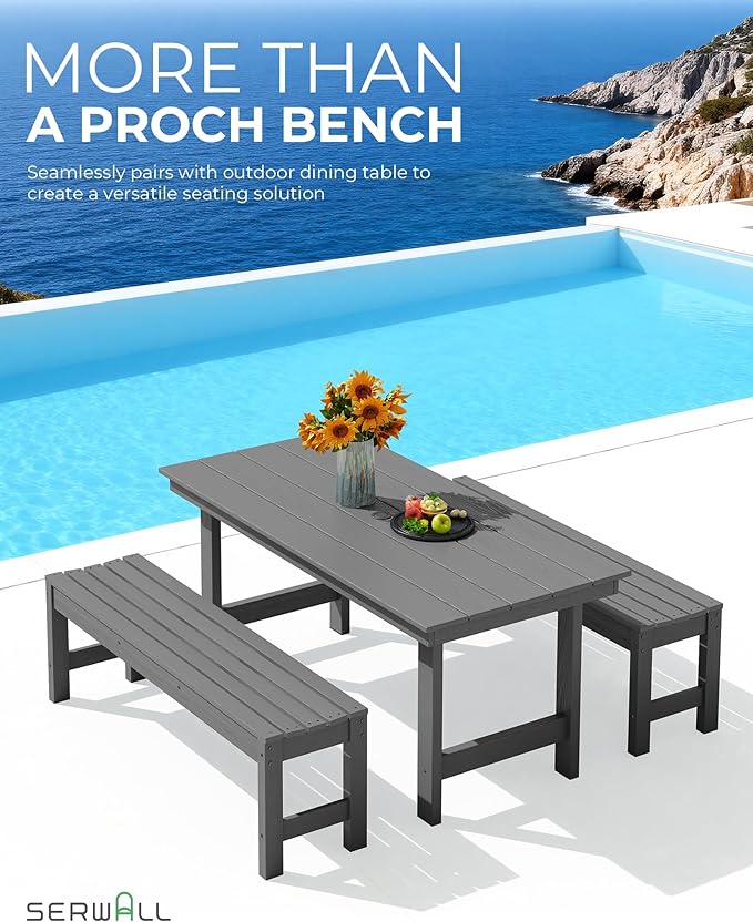 SERWALL 47 Inches Outdoor Bench, All Weather HDPE Backless Bench with Wood Grain Texture for Garden Porch and Park, Curved Bench Seat for Comfort, Grey