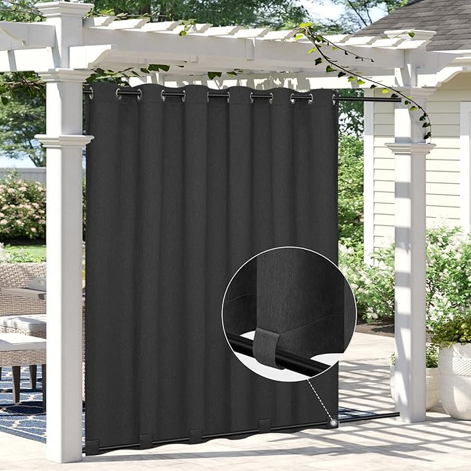 Easy-Going Linen Look Outdoor Curtains Waterproof Windproof Porch Curtains, Soft Thicken Outdoor Privacy Curtains for Patio, Gazebo, Grommet Top and Tab Bottom Drape, 1 Panel, 110x84 inch, Black