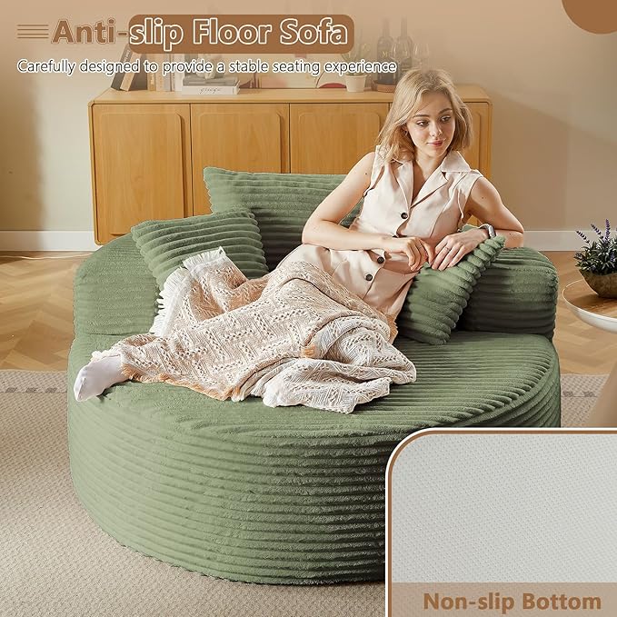 Oversized Round Chair Lounge Chaise Indoor, Upholstered Corduroy Deep Seat Cloud Large Circle Sofa Chair, No Assembly Required, Fluffy Modern Sleeper Sofa Bed for Reading, Living Room, Bedroom, Green